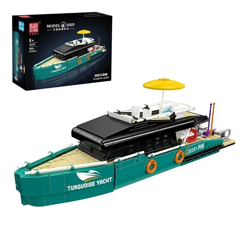 Model Kit Yacht - ターコイズブルーの高級ヨット組み立てブロックセット、MouldKing 10197、巨大なスーパーヨット船のブロックモデルキット、大人向けDIYギフト、850ピース。